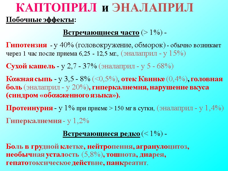 КАПТОПРИЛ и ЭНАЛАПРИЛ Побочные эффекты: Встречающиеся часто (> 1%) - Гипотензия КАПТОПРИЛ и ЭНАЛАПРИЛ Побочные эффекты: Встречающиеся часто (> 1%) - Гипотензия